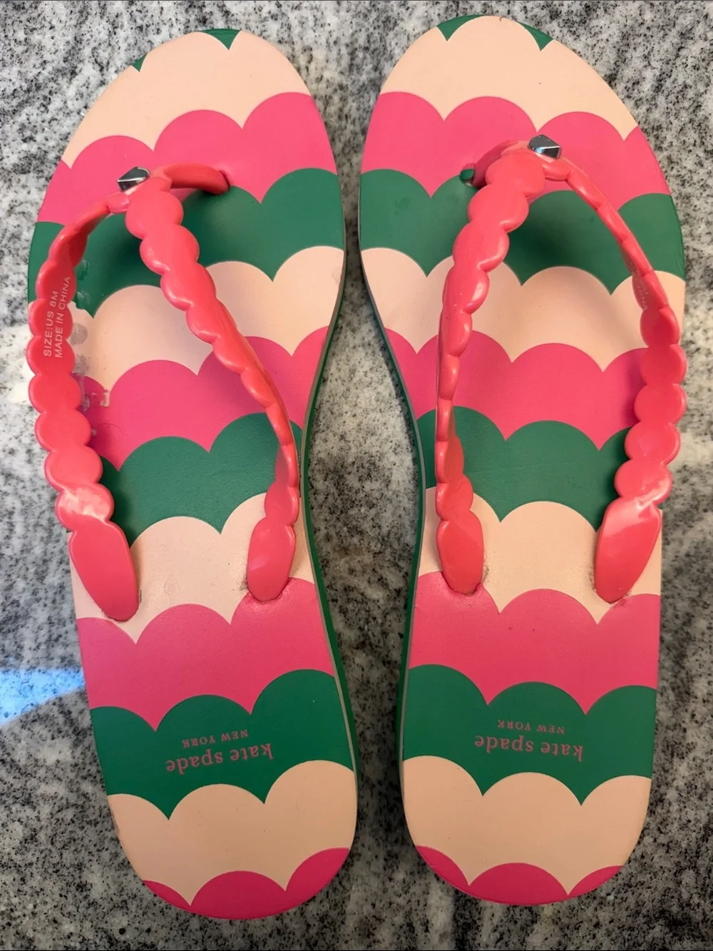 kate spade Pink, Coral & Green Scallop Strap Flip Flops